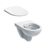 Wisząca miska WC Selnova - lejowa, B35.5 cm, H34 cm, T53 cm, Rimfree Deska sedesowa WC Selnova mocowanie od dołu, zawiasy metalowe, zachodząca pokrywa biała